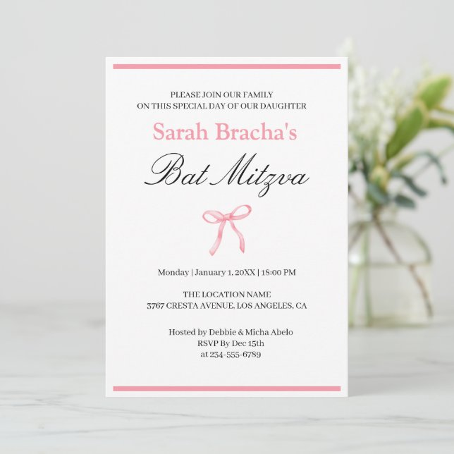 Invitación Bat Mitzvah Rosa Coqueta Acuarela Lazo (Anverso de pie)