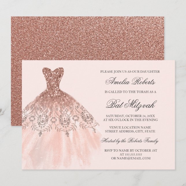 Invitación Bat Mitzvah, Rosa de la Esparkle de Oro (Anverso / Reverso)