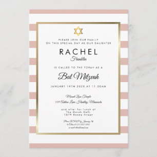 Invitación Bat Mitzvah Rosa Dorado y Raya Blanca