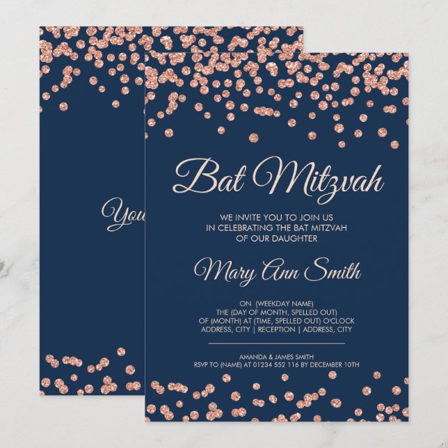Invitación Bat Mitzvah Rosa Faux Purpurina Confetti Navy (Anverso / Reverso)