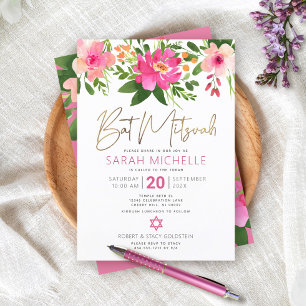 Invitación Bat Mitzvah Rosa Floral Dorado Script Acuarela