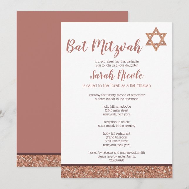 Invitación Bat Mitzvah Rosa Moda de oro elegante Purpurina de (Anverso / Reverso)