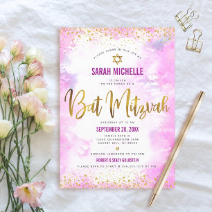 Invitación Bat Mitzvah rosa moderno acuarela brillo dorado