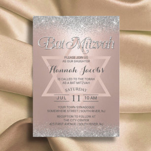 Invitación Bat Mitzvah Rosa moderno Purpurina oro y plata