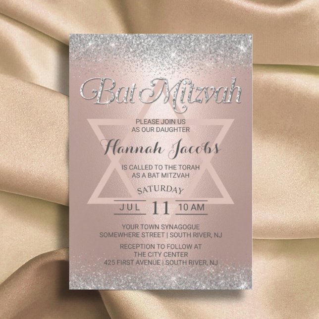 Invitación Bat Mitzvah Rosa moderno Purpurina oro y plata (Subido por el creador)