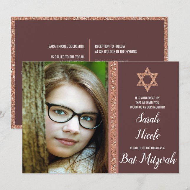 Invitación Bat Mitzvah Rosa Purpurina de Moda fotográfica mod (Anverso / Reverso)
