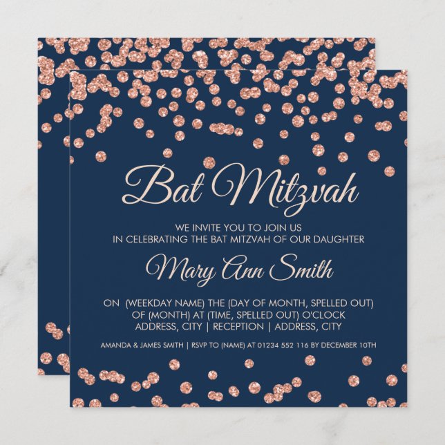 Invitación Bat Mitzvah Rosa Purpurina Faux Confetti Naval (Anverso / Reverso)