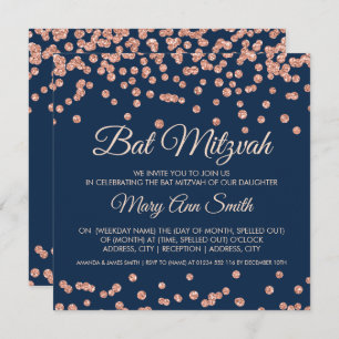Invitación Bat Mitzvah Rosa Purpurina Faux Confetti Naval