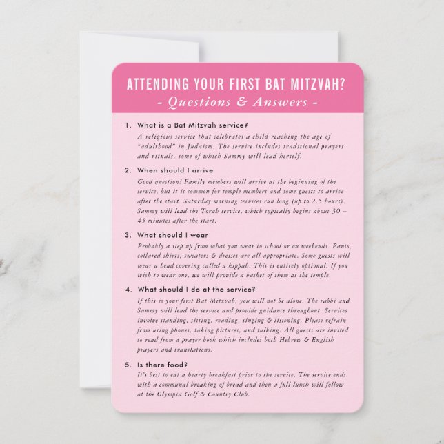 Invitación BAT MITZVAH servicio preguntas de respuesta consej (Anverso)
