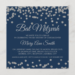 Invitación Bat Mitzvah Silver Faux Purpurina Confetti Naval A