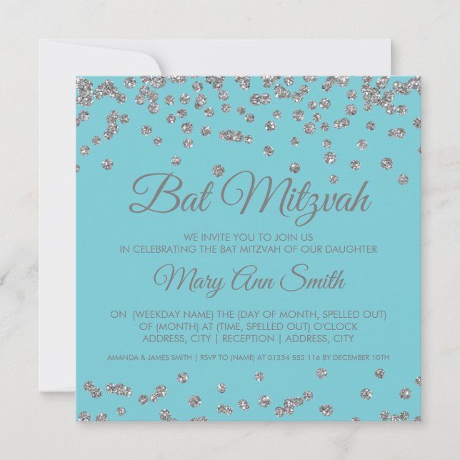 Invitación Bat Mitzvah Silver Purpurina Confetti Robin Egg Bl (Anverso)