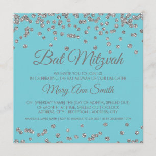 Invitación Bat Mitzvah Silver Purpurina Confetti Robin Egg Bl
