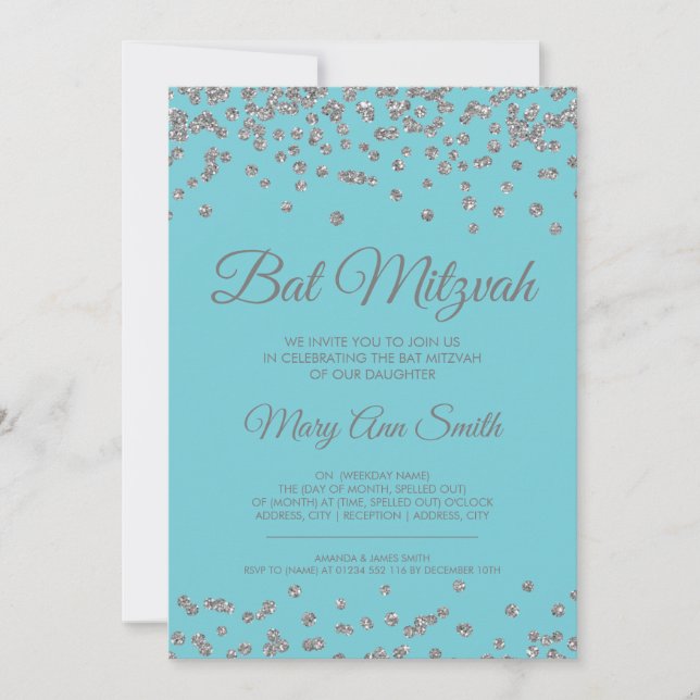 Invitación Bat Mitzvah Silver Purpurina Confetti Robin Egg Bl (Anverso)