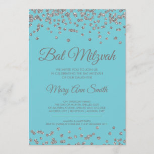Invitación Bat Mitzvah Silver Purpurina Confetti Robin Egg Bl