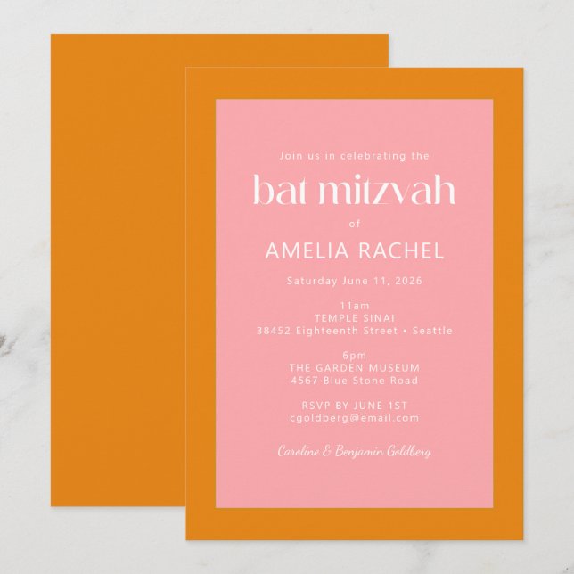 Invitación Bat Mitzvah simple geométrico rosa y Naranja (Anverso / Reverso)