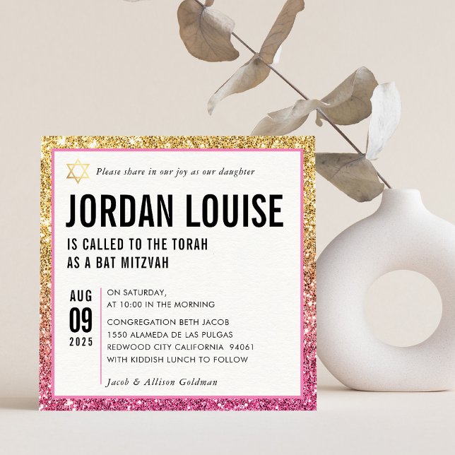 Invitación BAT MITZVAH simple moda moderna purpurina de oro r (Subido por el creador)