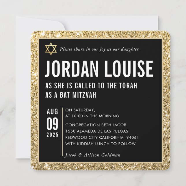 Invitación BAT MITZVAH simple moderno glam negro purpurina de (Anverso)