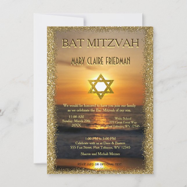 Invitación Bat Mitzvah | Sol dorado y arena (Anverso)