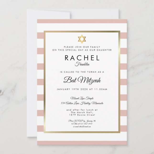 Invitación Bat Mitzvah Subió Oro Y Banda Blanca (Anverso)