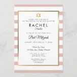 Invitación Bat Mitzvah Subió Oro Y Banda Blanca<br><div class="desc">Con el oro rosa clásico y el fondo de rayas blancas,  esta elegante invitación a Bat Mitzvah presenta un elegante Relieve metalizado de oro falso enmarcado en sus detalles enmarcados en la tipografía de moda. Diseñado por Thisisnotme©</div>