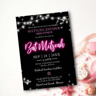 Invitación Bat Mitzvah Tema Neon Rosa Caliente