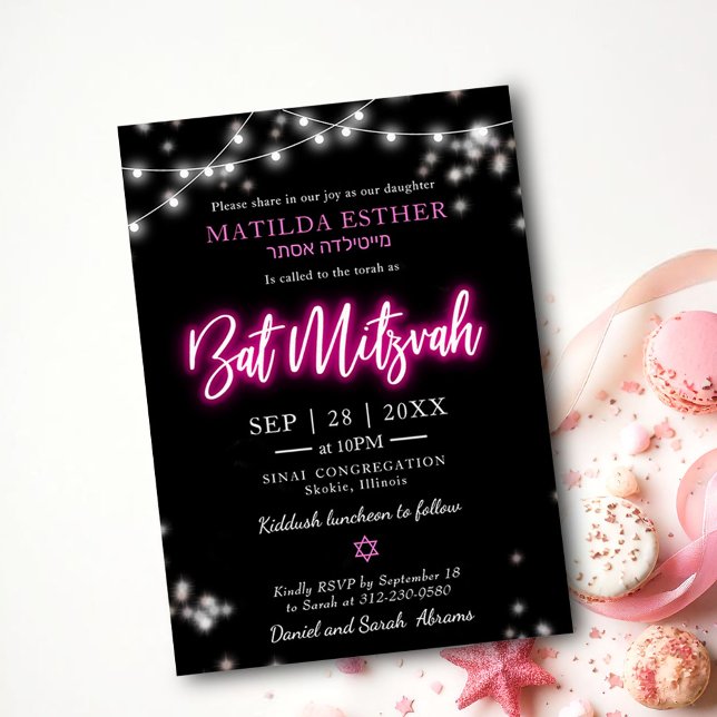 Invitación Bat Mitzvah Tema Neon Rosa Caliente (Subido por el creador)