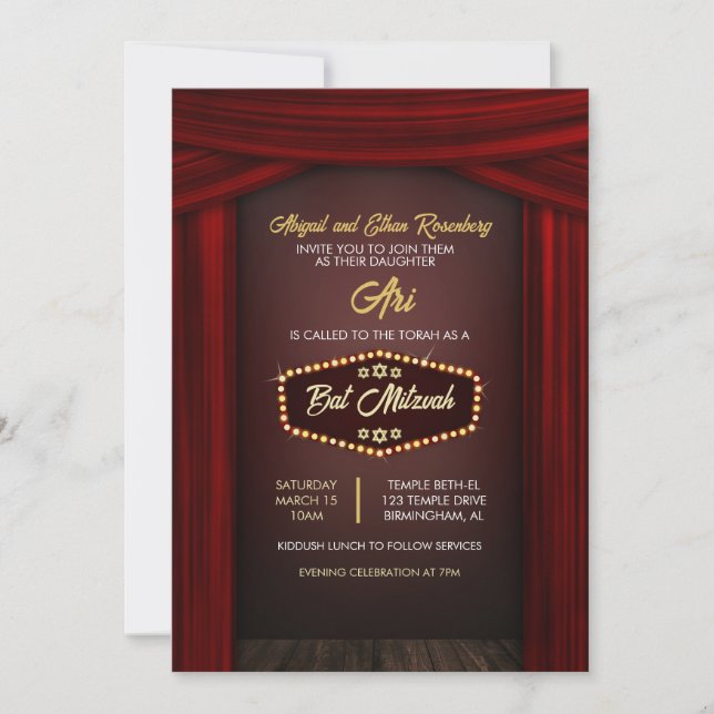 Invitación Bat Mitzvah Temático de Broadway (Anverso)