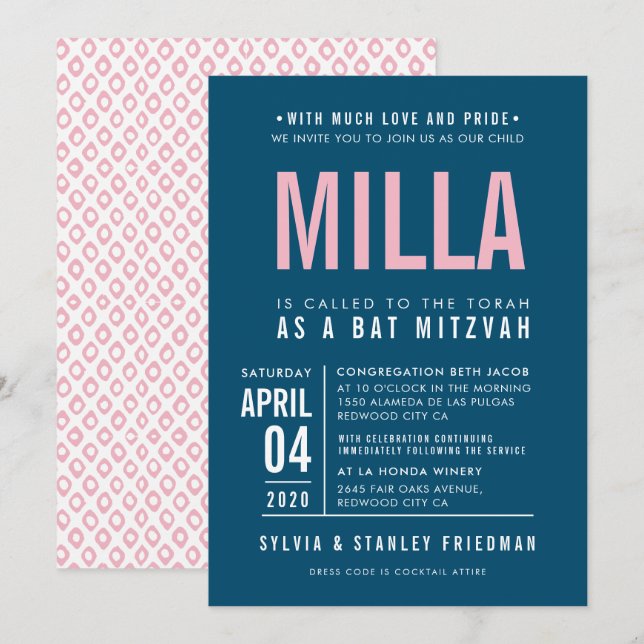 Invitación BAT MITZVAH tipo bloque moderno azul marino (Anverso / Reverso)