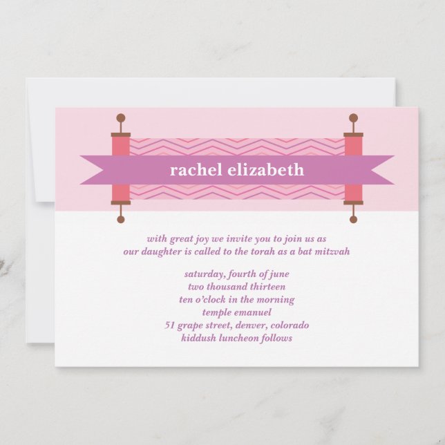 Invitación Bat Mitzvah Torá Chevron Rosa (Anverso)