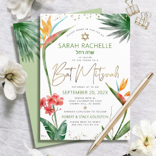 Invitación Bat Mitzvah Tropical Dorado Script Floral Acuarela