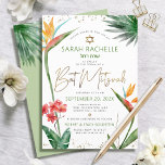 Invitación Bat Mitzvah Tropical Gold Script Floral Watercolor<br><div class="desc">Estar orgulloso, regocijarse y mostrar este hito de su Bat Mitzvah favorito con esta sofisticada y personalizada invitación! Elegantes, impresionantes, coloridas, aves acuáticas tropicales de flores del paraíso, escritura falsa de oro manuscrita, puntos Star of David y purpurina, junto con sans serif modernos verdes y grises, superponen un fondo blanco....</div>