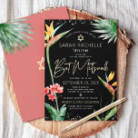 Invitación Bat Mitzvah Tropical Negro Oro Floral Acuarela<br><div class="desc">¡Siéntete orgulloso, regocíjate y muestra este hito de tu Bat Mitzvah favorita con esta sofisticada invitación personalizada! Estiloso, impresionante, colorido, flores tropicales de aves del paraíso con acuarela, escritura a mano con falso dorado, Estrella de David y puntos brillantes, junto con un tipo moderno sans serif, se superponen en un...</div>