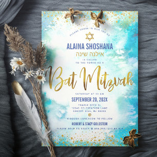 Invitación Bat Mitzvah turquesa acuarela oro hoja guión