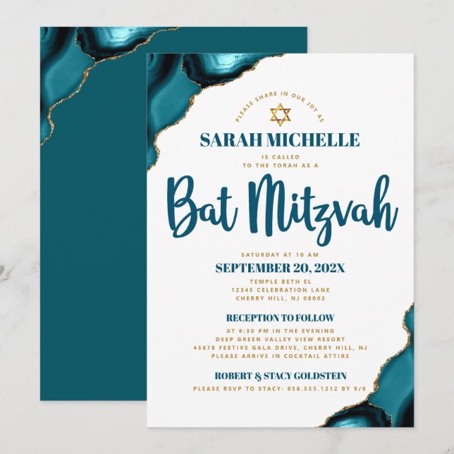 Invitación Bat Mitzvah Turquesa Agata Escritura 2 Lugar Moder (Anverso / Reverso)