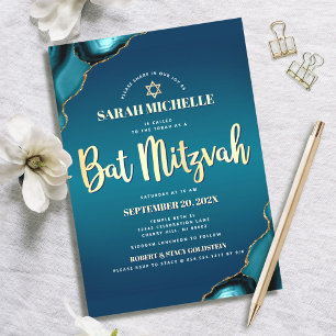 Invitación Bat Mitzvah Turquesa Ombre Ágata Dorado Script Chi
