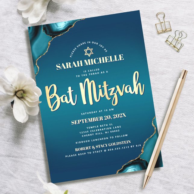 Invitación Bat Mitzvah Turquesa Ombre Ágata Dorado Script Chi (Subido por el creador)