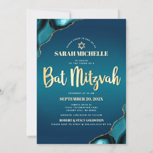 Invitación Bat Mitzvah Turquesa Ombre Ágata Dorado Script Chi