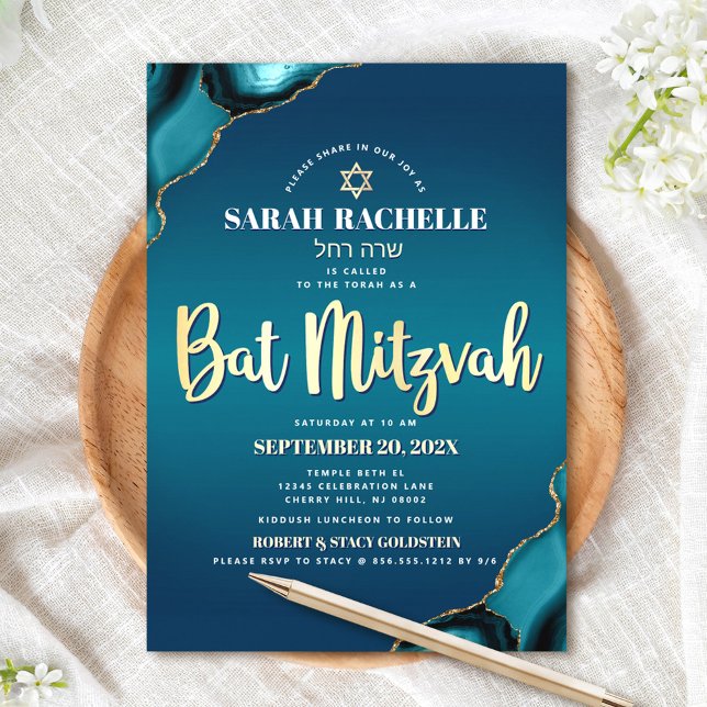 Invitación Bat Mitzvah Turquesa Ombre Ágata Dorado Script Neg (Subido por el creador)