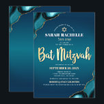 Invitación Bat Mitzvah Turquesa Ombre Ágata Dorado Script Neg<br><div class="desc">¡Siéntete orgulloso, regocíjate y muestra este hito de tu Bat Mitzvah favorita! Envía esta invitación genial, única, moderna y personalizada con el nombre hebreo para un evento inolvidable. La tipografía de escritura con falso foil dorado, la tipografía sans serif blanca y la Estrella de David con falso foil dorado se...</div>