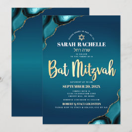 Invitación Bat Mitzvah Turquesa Ombre Ágata Dorado Script Neg
