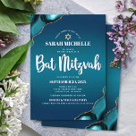Invitación Bat Mitzvah Turquesa Ombre Ágata Escritura Moderna<br><div class="desc">¡Siéntete orgulloso, regocíjate y muestra este hito de tu Bat Mitzvah favorita! Envía esta invitación genial, única, moderna y personalizada para un evento inolvidable. La tipografía de escritura blanca y la Estrella de David de oro falso se superponen sobre un fondo degradado de azul turquesa profundo con ágata azul turquesa...</div>