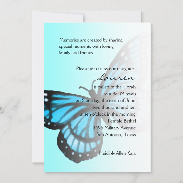 Invitación Bat Mitzvah Turquoise Blue Butfly Ombre (Anverso)
