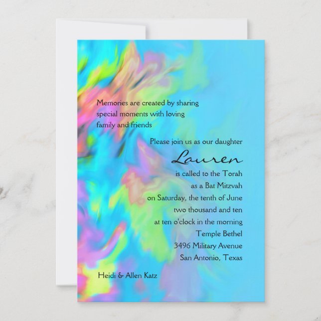 Invitación Bat Mitzvah Turquoise Blue Lime Pink Tie Dye (Anverso)