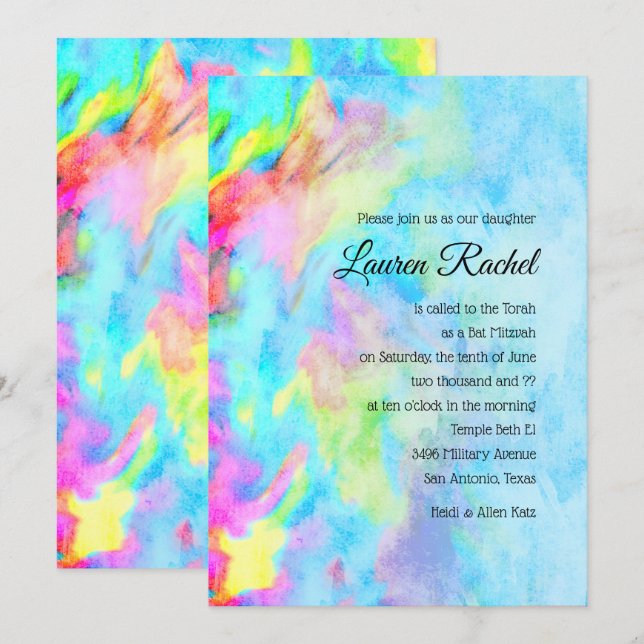 Invitación Bat Mitzvah Turquoise Blue Lime Pink Tie Dye (Anverso / Reverso)