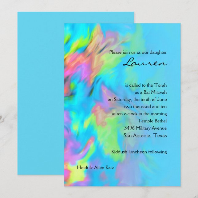 Invitación Bat Mitzvah Turquoise Blue Lime Pink Tie Dye (Anverso / Reverso)
