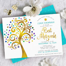 Invitación Bat Mitzvah Turquoise Gold Moderno Tree of Life