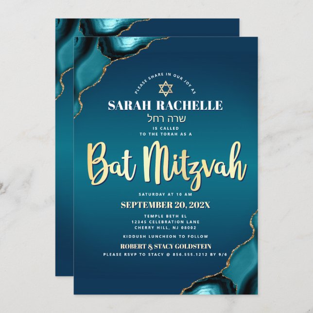 Invitación Bat Mitzvah Turquoise Ombre Agate Gold Script Bold (Anverso / Reverso)