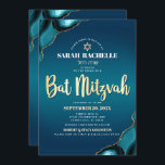 Invitación Bat Mitzvah Turquoise Ombre Agate Gold Script Bold<br><div class="desc">¡Estén orgullosos, regocijaos y exhiban este hito de su Bat Mitzvah favorito! Envíe esta invitación fresca, única, moderna, personalizada, con nombres hebreos para un evento que recordar. Tipografía falsa de escritura de Relieve metalizado dorado, tipografía sans serif blanca y una falsa estrella de oro de David superponen un fondo oscuro...</div>