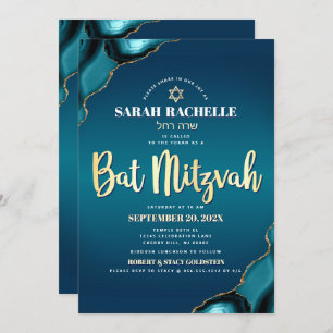 Invitación Bat Mitzvah Turquoise Ombre Agate Gold Script Bold