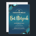 Invitación Bat Mitzvah Turquoise Ombre Agate Gold Script Moda<br><div class="desc">¡Estén orgullosos, regocijaos y exhiban este hito de su Bat Mitzvah favorito! Envíe esta invitación fresca, única, moderna y personalizada para un evento que recordar. Tipografía falsa de escritura de Relieve metalizado dorado, tipografía sans serif blanca y una falsa estrella de oro de David superponen un fondo oscuro azul turquesa...</div>